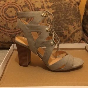 XOXO Barnie Heeled Lace Up Sandals, Grey